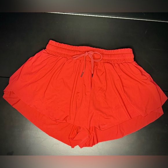 Pants - Flowy Bright Red Athletic Butterfly Running Shorts w/ Built-in Spandex Liner